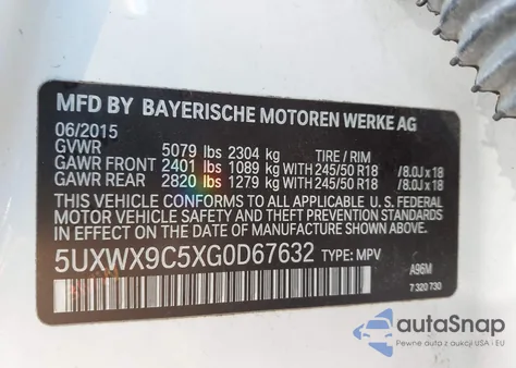 2016 BMW X3 xDrive28I z USA, uszkodzony, nr VIN 5UXWX9C5XG0D67632